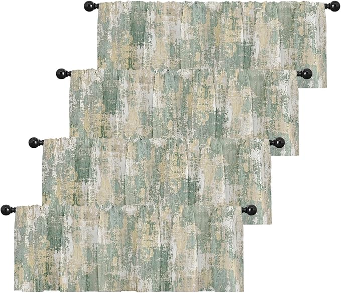 Emvency 4 Pack Valances Window Treatments, Abstract Sage Rustic Vintage Drapes Adjustable Curtain for Windows Living Room Kitchen Over Sink, 52x18 Inch Rod Pocket Valances