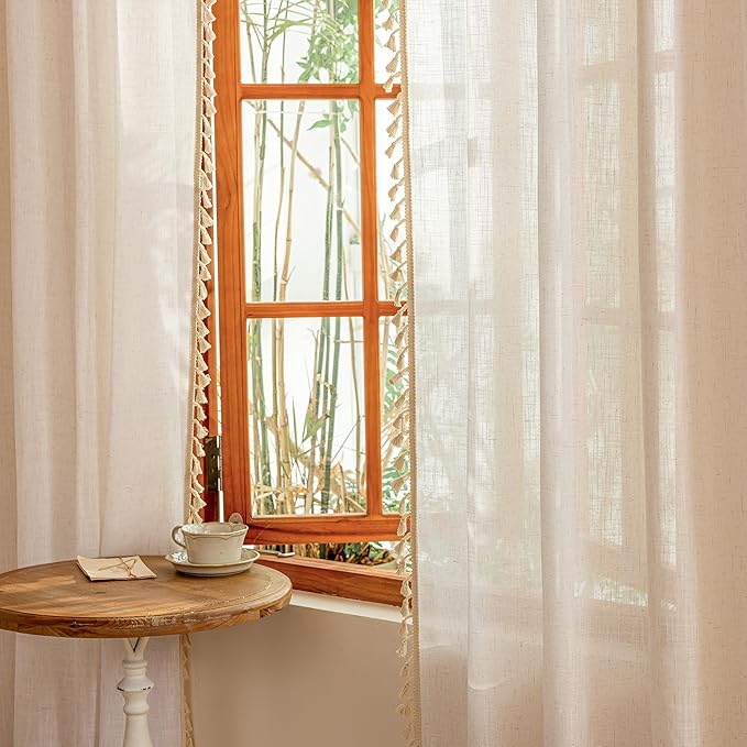 MYSKY HOME Natrual Curtains 84 Inches Long for Living Room Boho Semi Sheer Light Filtering Privacy Drapes for Bedroom, Farmhouse Rustic Home Decor Back Tab with Tassel, 50" x 84", Natural, 2 Panels