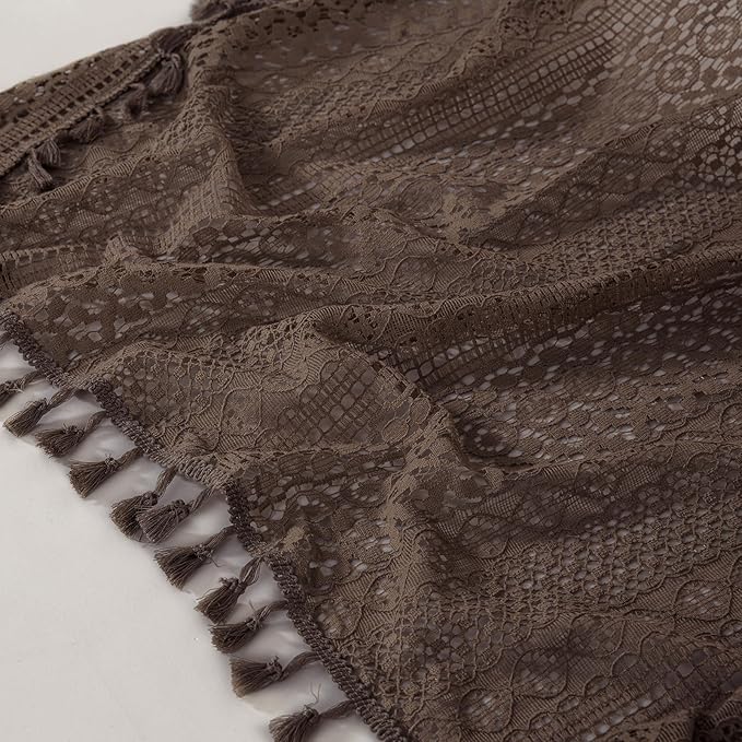 WAZZIO Boho Lace Curtains 84 Inches 2 Panel,Light Filtering Privacy Tassel & Geometry Crochet Semi Sheer Curtain Drapes for Bedroom Living Dining Room,Rod Pocket & Tassel,Chocolate Brown