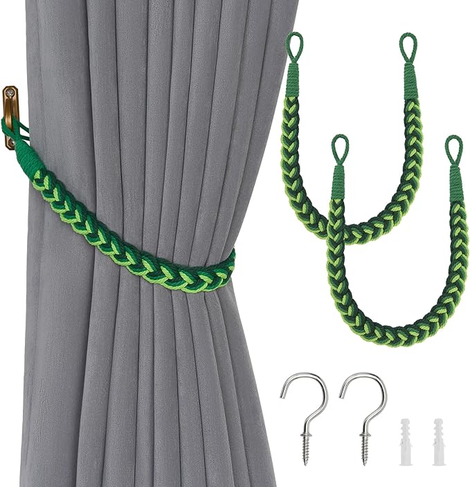 NICEEC 2 Pack Natural Cotton Rope Curtain Tiebacks Elegant Boho Style Decorative Drape Tie Backs Soft Hand-Woven Rope Curtain Holdbacks with Metal Hook for Home & Office Drapery (Gradient Green)