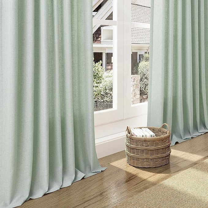 Nanspring Aqua Green Linen Curtains Semi Sheer 96 Inches Long 2 Panels Set for Living Room Back Tab Rod Pocket Light Filtering Drape for Bedroom Modern Farmhouse Coastal Decor Protect Privacy 52x96