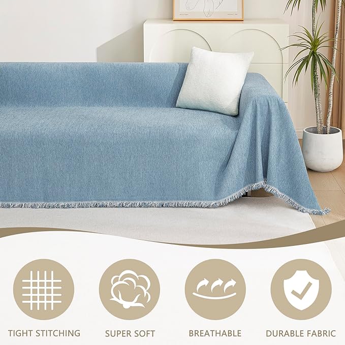 MYSKY HOME Couch Cover Sofa Covers, Sectional Couch Covers for 2 Cushion Couch Sofa, Chenille Sofa Slipcovers, Futon Covers, Machine Washable, Soft Furniture Protector for Kid, 91" x 118", Blue