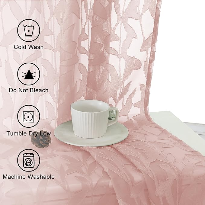 Lecloud Leia Blush Pink Sheer Curtains for Living Room 63 Inch Length 2 Pcs, Jacquard Leaf Textured Bedroom Curtains, Window Treatments Rod Pockets Drapes for Dining Room, Each Panel 42" W x 63" L