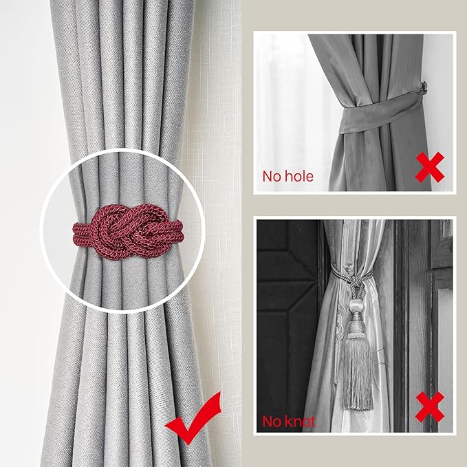 NICEEC 4 Pack Mini Magnetic Curtain Tiebacks Nordic Simple Style Drape Tie Backs Elegant Hand Weave Rope Knot Decorative Curtain Holdbacks for Home & Office Thin Window Drapery (Wine Red)