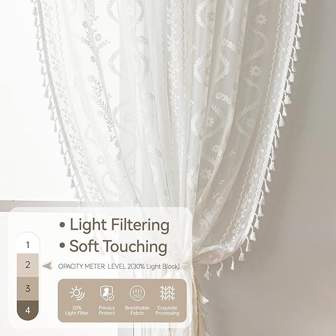 WAZZIO Boho Lace Curtains 2 Panels 63 Inches -Cute Vintage Victorian Sheer Panel Drape French Country Floral Pattern & Tassel Light Filtering Privacy for Bedroom Dining Living Room,White,W52x L63