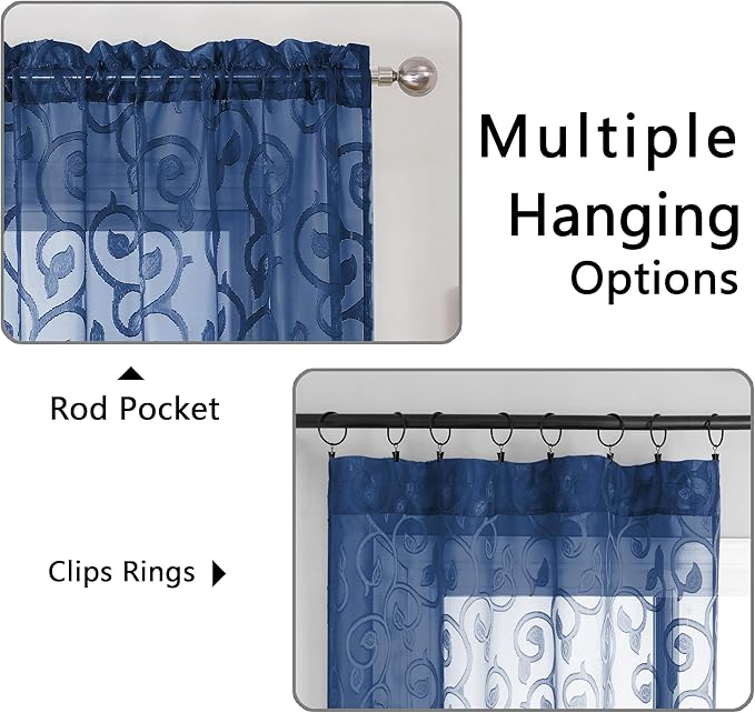 OWENIE Furman Blue Sheer Curtains Tiers 36 inch Length, Light Filtering Soft Airy Clear Cafe Curtains Tier for Living Room Bedroom Farmhouse Small Windows Half Curtains, 2 Pcs, Each 40Wx36L inch