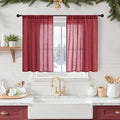 BGment Burgundy Linen Kitchen Window Curtains Over Sink 36 Inch Length, Short Cafe Drapes Lightweight Semi Sheer with Rod Pocket for Bathroom Windows, 2 Panels Set, Each 42 Inch Wide