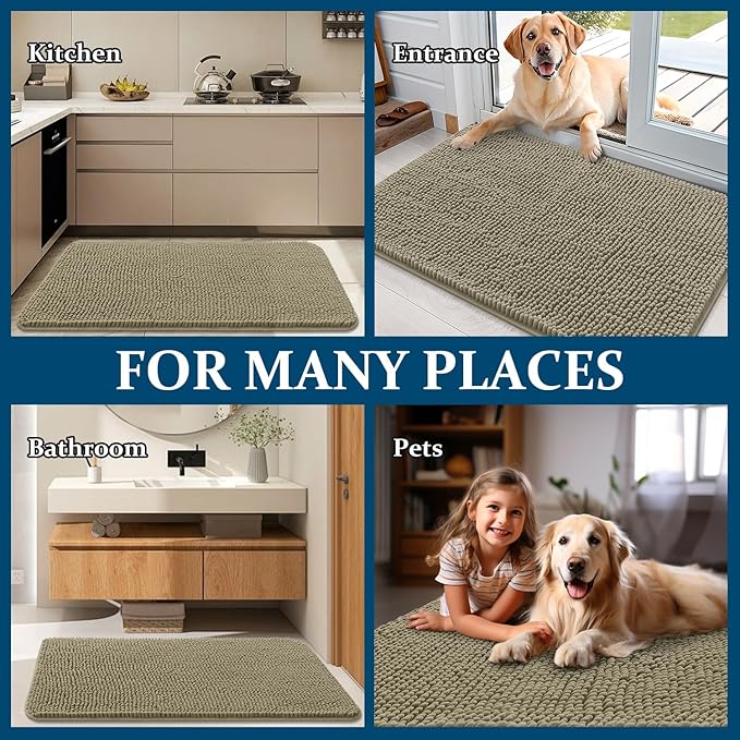 OLANLY Dog Door Mat for Muddy Paws 70x35, Absorbs Moisture and Dirt, Absorbent Non-Slip Washable Doormat, Quick Dry Chenille Mud Mat, Entry Indoor Entryway Carpet for Inside Floor, Warm Taupe