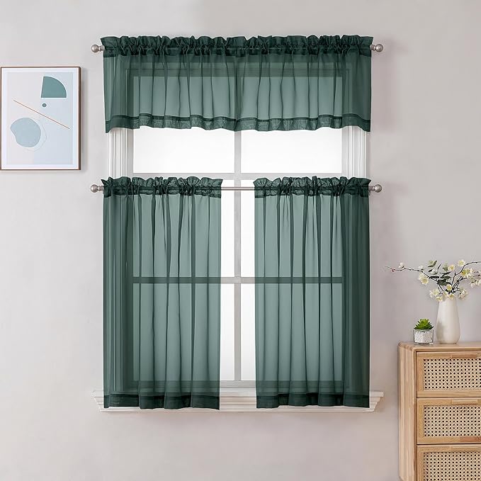 Gwine Hunter Green Valances for Windows, Small Light Filtering Rod Pocket Cafe Valance Curtains, Soft Sheer Curtain for Bathroom Laundry Basement, 42Wx14L inch, 2 Pieces