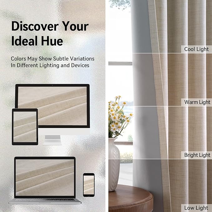 100% Blackout Shield Linen Blackout Curtains for Bedroom, Oatmeal Grommet Curtains for Living Room, Thermal Insulated Room Darkening Drapes for Nursery, Boho Home Decor, 50" W x 108" L, 2 Panels