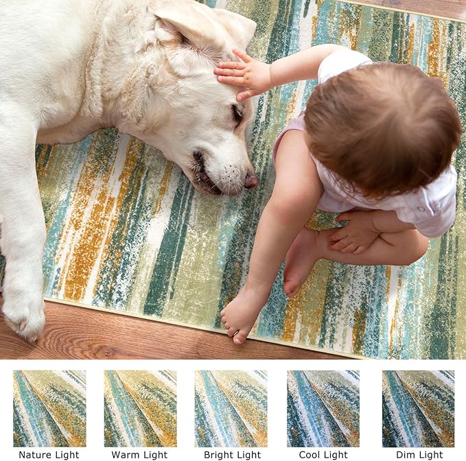 Lansny Modern Abstract Runner Rug 2.6x8, Green Mustard Multi Washable Kitchen Runner Non-Slip Soft Hallway Rug Runner Thin Print Faux Wool Carpet for Entryway Bedroom Laundry Room Indoor