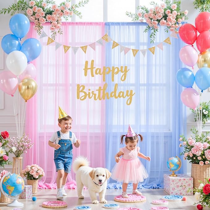 Pink and Blue Backdrop Curtain for Gender Reveal Girl and Boy Party Sheer Tulle Backdrop Drapes for Baby Shower Birthday Party Photoshoot Background Decorations 2 Panels 5ft X 8 ft
