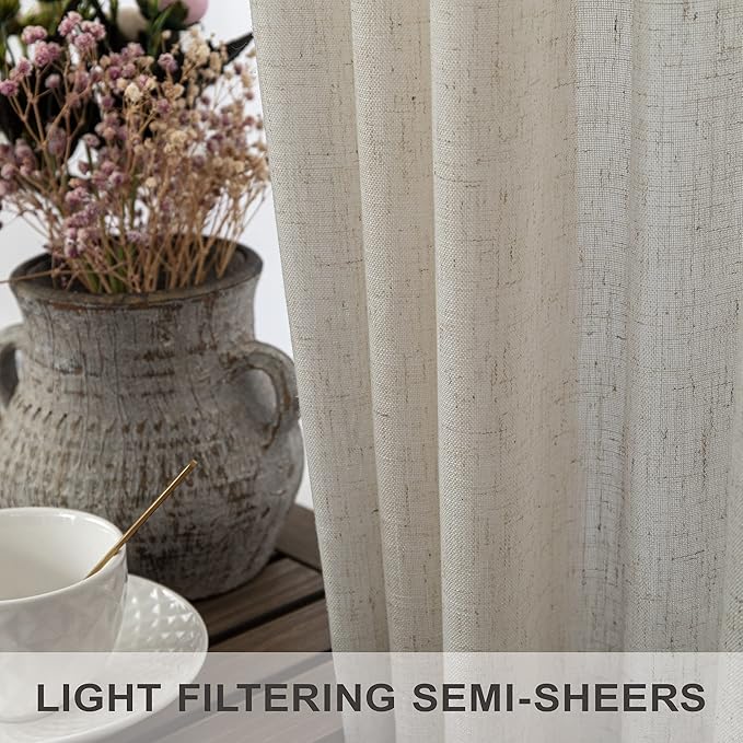 Flax Linen Curtains 84 Inch Length for Bedroom 2 Panels Back Tab Pocket Light Filtering Simple Canvas Cloth Look Semi Sheer Beige Curtains for Living Room Dining Burlap Sand Beach Decor 52x84 Long Tan