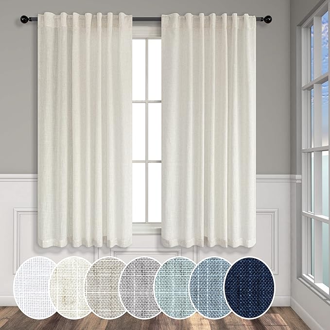 Natural Linen Curtains 45 Inch Length for Farmhouse 2 Panels Rod Pocket Back Tab Hanging Light Filtering Cafe Short Cream Curtains for Bathroom Small Windows Bedroom Dining Living Room Office
