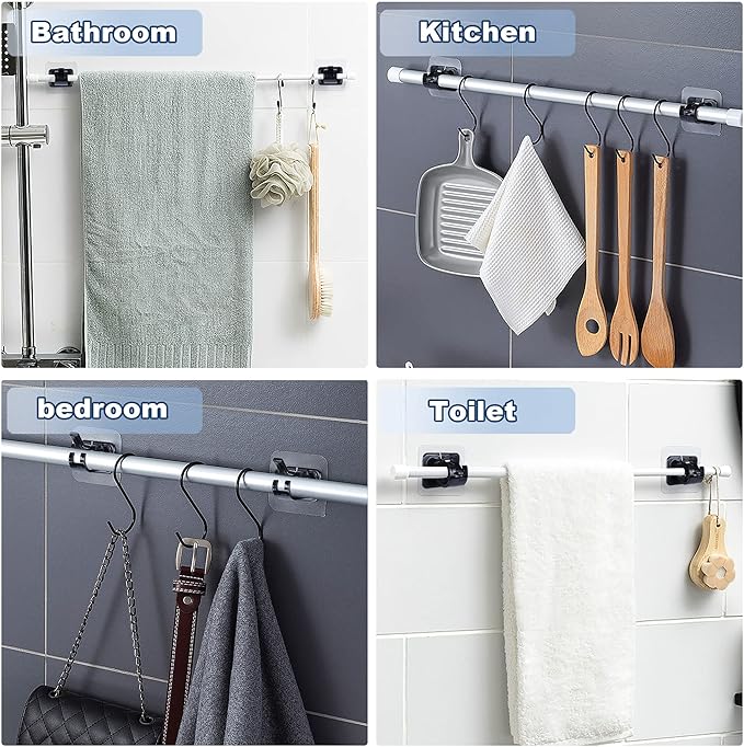 Codoule 8PCS No Drill Curtain Rod Brackets No Drilling Self Adhesive Curtain Rod Holder Hooks Nail Free Curtain Rod Hooks Curtain Hangers for Bathroom Kitchen Home Bathroom and Hotel (Black)