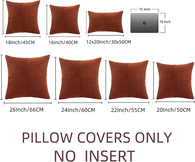 Fancy Homi 2 Packs Rust Decorative Throw Pillow Covers 22x22 Inch for Living Room Couch Bed, Rustic Farmhouse Boho Home Decor, Soft Corss Corduroy Patchwork Terracotta Square Cushion Case 55x55 cm