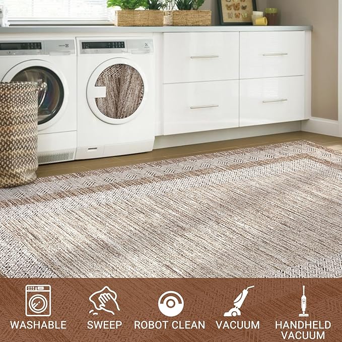 GarveeHome 10x13 Large Washable Geometric Area Rug Non Slip Non Shedding Floor Carpet, Modern Bordered Distressed Brown Indoor Printed Rug for Living Room, Bedroom, Office
