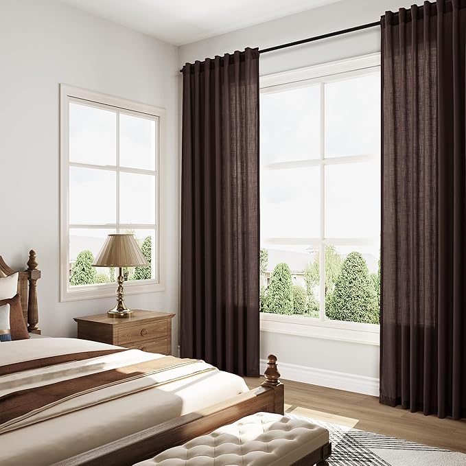 Coffee Brown Linen Curtains for Living Room 94 Inches Long Light Filtering Semi Sheer Curtain Back Tab Rod Pocket Luxury Modern Rustic Home Decor Neutral Drapes for Bedroom Dinner Room 52x94, 2 Panels