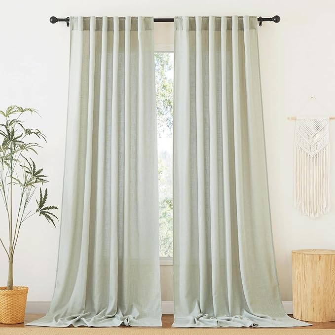 RYB HOME Semi Sheer Linen Curtains Extra Wide Curtains 108" Length, Linen Blend Elegant Light Filtering Privacy Protected Panels for Farmhouse/Living Room, Sage Green, 52" W x 108" L, 2 Panels