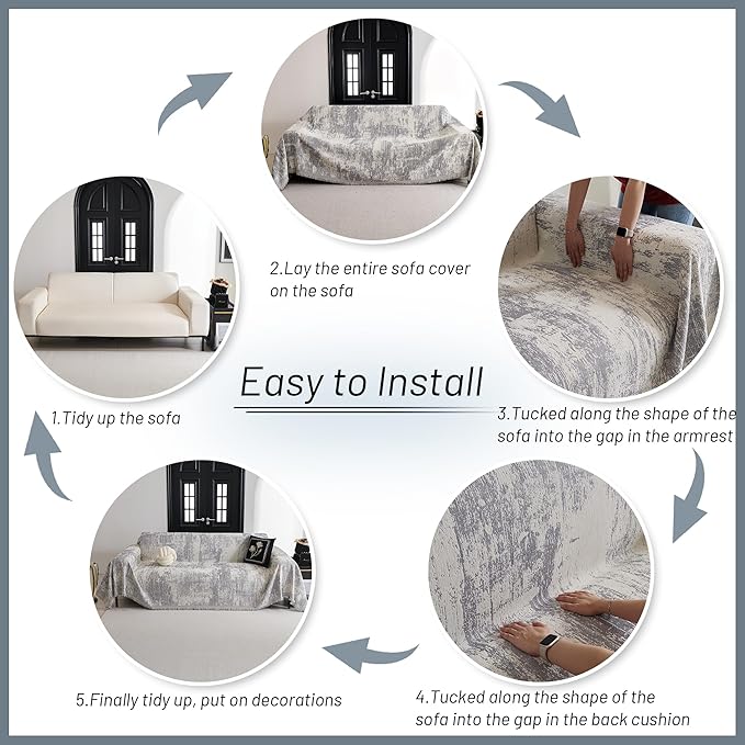 MYSKY HOME Sectional Couch Cover Sofa Covers for Sectional Sofa L Shape Chenille Couch Protector Grey Geometric for Dogs Pets Couch Throw Cover Washable Durable for Home Decor, 91" X134"