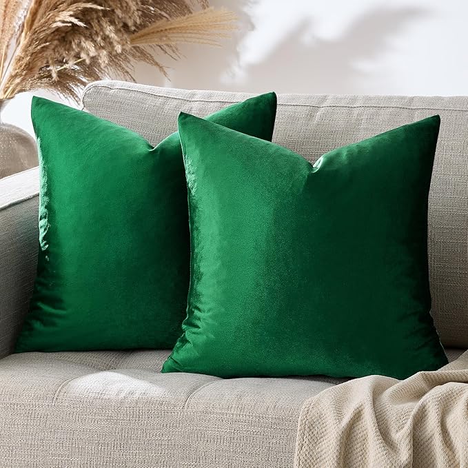 GIGIZAZA Decorative Couch Forest Green Pillow Covers,Set of 2 Throw Pillow Cushion Covers 24x24,Square Sofa Velvet Pillow Cases