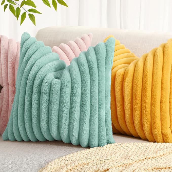 decorUhome Summer Cozy Faux Fur Throw Pillow Covers 26x26 Set of 2 Decorative Soft Plush Striped Modern Farmhouse Boho Couch Euro Sham Pillow Cases with Velvet Back for Sofa Bed Living Room, Aqua