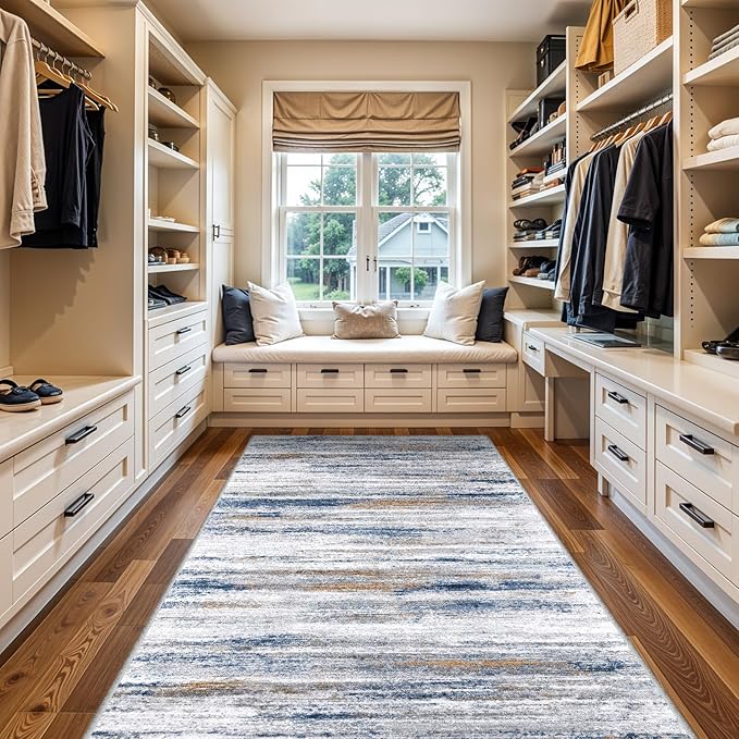Large Runner Rugs for Hallway 4x16: Non-Slip Washable Wide Carpet - Soft Low-Pile Stain and Spill Resistant Rug for Entryway Living Room Dining Room Balcony Garage Office Navy Grey