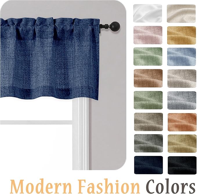 OWENIE Navy Blue Valances for Windows 1 Pcs, Light Filtering Textured Farmhouse Short Small Valance Curtains for Bathroom Basement Living Room Bedroom, Rod Pocket Half Curtains Over Sink, 52Wx14L Inch