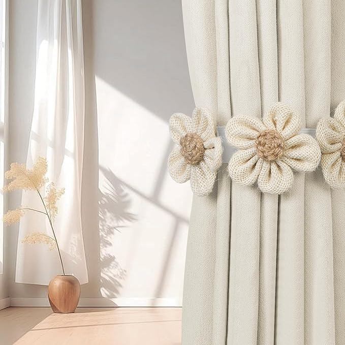 KLOGTSIND Flower Curtain Tiebacks, 4 Pack Boho Curtain Ties Elegant Three Flower Curtain Holdbacks, Decorative Window Treatment Tie Backs for Cute Bedroom Decor, Girl Nursery Decor, Farmhouse Decor