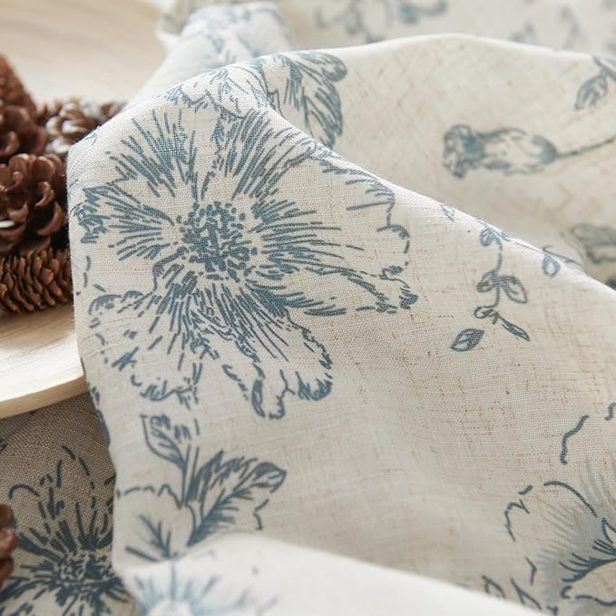 jinchan Linen Floral Curtains 63 Inch Length for Living Room Bedroom Light Filtering Farmhouse Peony Flower Drapes Rustic Window Curtain Set Rod Pocket Back Tab 2 Panels Blue