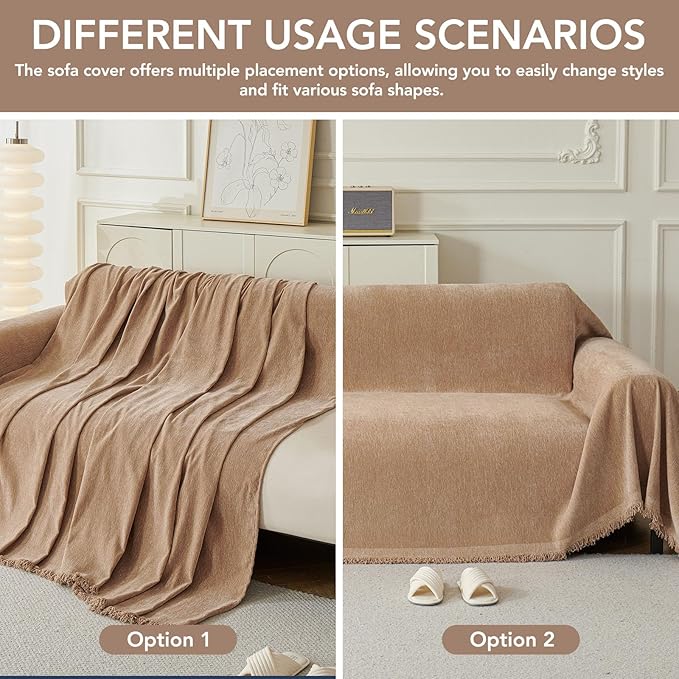 Couch Cover for Dogs, Boho Sofa Covers for 3 Cushion Couch, Chenille Sofa Slipcover for Pets Washable, L-Shape Sectional Couch Cover Soft Throw Blankets with Tassels(91x150,Khaki)