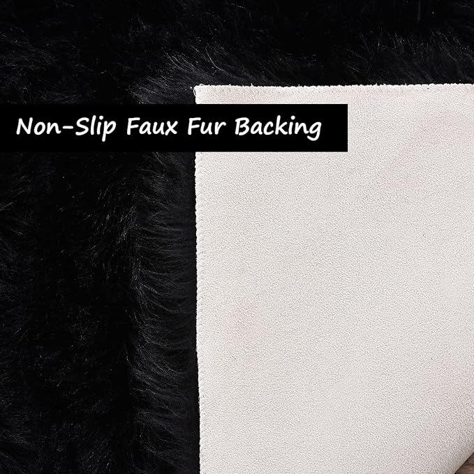 Goolela Black Round Rug 5ft Fluffy Fuzzy Sheepskin Carpet for Bedroom Living Room Black Circle Faux Fur Rug Shaggy Washable