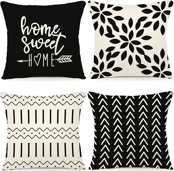 YCOLL Pillow Covers 20x20 Set of 4, Modern Sofa Throw Pillow Cover, Decorative Outdoor Linen Fabric Pillow Case for Couch Bed Car, Black