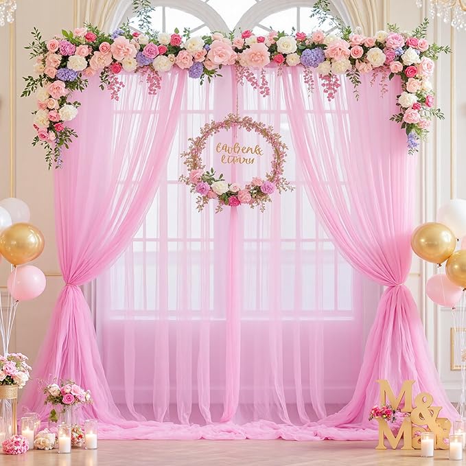 Pink Tulle Backdrop Curtain for Parties Girls Baby Shower 10ft X 8ft Light Pink Sheer Backdrop Curtains for Birthday Party Wedding Photo Booth Decorations 2 Panels 5ft X 8ft