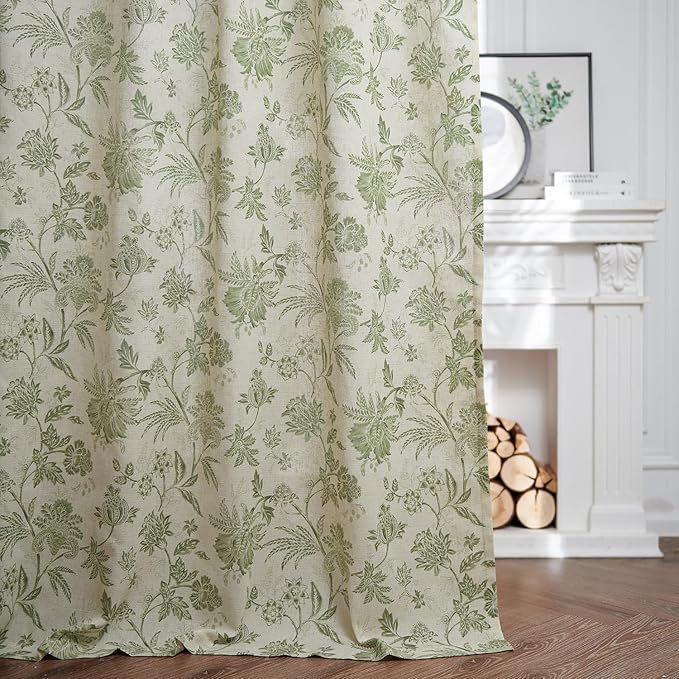jinchan Linen Floral Curtains for Living Room with Printed Flower 90 Inches Long Light Filtering French Country Back Tab Rod Pocket Sage Green Window Curtain Set Farmhouse Drapes 2 Panels