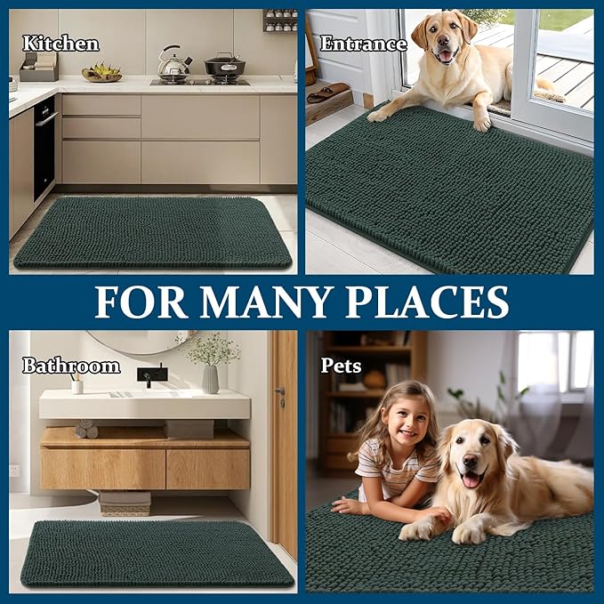 OLANLY Dog Door Mat for Muddy Paws 54x24, Absorbs Moisture and Dirt, Absorbent Non-Slip Washable Doormat, Quick Dry Chenille Mud Mat, Entry Indoor Entryway Carpet for Inside Floor, Blackish Green