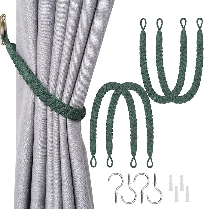 NICEEC 4 Pack Natural Cotton Rope Curtain Tiebacks Elegant Boho Style Decorative Drape Tie Backs Soft Hand-Woven Rope Curtain Holdbacks with Metal Hook for Home & Office Drapery (Dark Green)