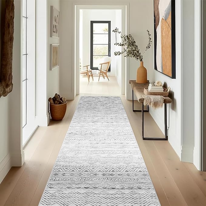 Moroccan Washable Hallway Runner Rug - 2'6"x14' Non Slip Kitchen Rug Rubber Backing Floor Carpet Low Pile Mat Soft Living Room Rug for Entryway Farmhouse Bedroom 2'6"x14' Gray