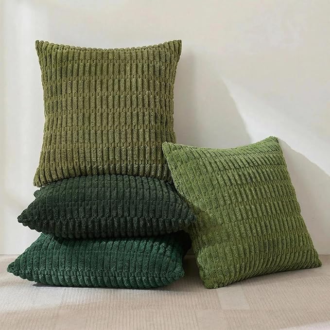 Fancy Homi Set of 4 Green Winter Decorative Throw Pillow Covers 14x14 Inch for Couch Bed Chair, Aesthetic Rustic Boho Room Decor, Soft Fuzzy Double Sided Thick Corduroy Textured Cushion Case 35cm