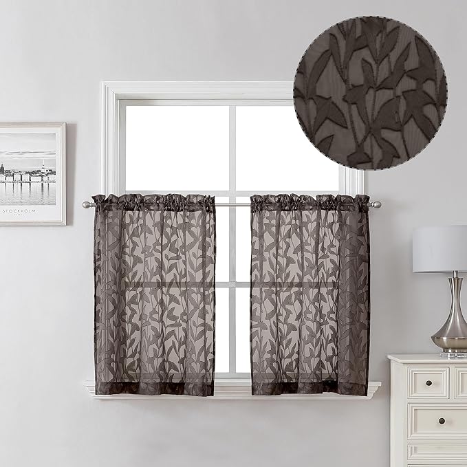 Lecloud Leia Chocolate Brown Sheer Kitchen Curtains 24 Inch Length 2 Pcs, Jacquard Textured Leaf Voile Short Curtains with Dual Rod Pocket, Farmhouse Cafe Bedroom Window Treatments, 38 W x 24 L