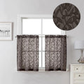 Lecloud Leia Chocolate Brown Sheer Kitchen Curtains 24 Inch Length 2 Pcs, Jacquard Textured Leaf Voile Short Curtains with Dual Rod Pocket, Farmhouse Cafe Bedroom Window Treatments, 38 W x 24 L