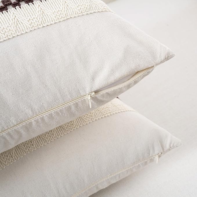 Fancy Homi Set of 1 Boho Brown Decorative Throw Pillow Cover 18x18 Inch for Couch Bed Sofa, Aesthetic Modern Organic Farmhouse Home Decor, Soft Cotton Cute Accent Macrame Woven Cushion Case