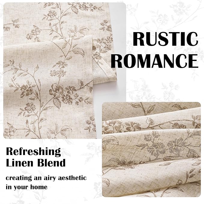Lazzzy Farmhouse Linen Curtains Extra Long Taupe Floral Curtains 108 Inch Length Back Tab Drapes for Living Room Bedroom Light Filtering Country Vintage Rod Pocket, 2 Panels, Taupe on Beige