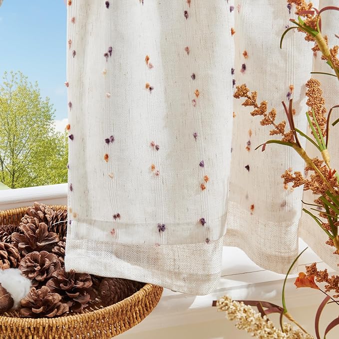 jinchan Kitchen Valance Curtain for Windows 16 Inch Mini Pom-Pom Double Layer Valance Linen Blend Country Window Treatment for Bedroom Living Room Light Filtering Rod Pocket 1 Panel Amber Bloom