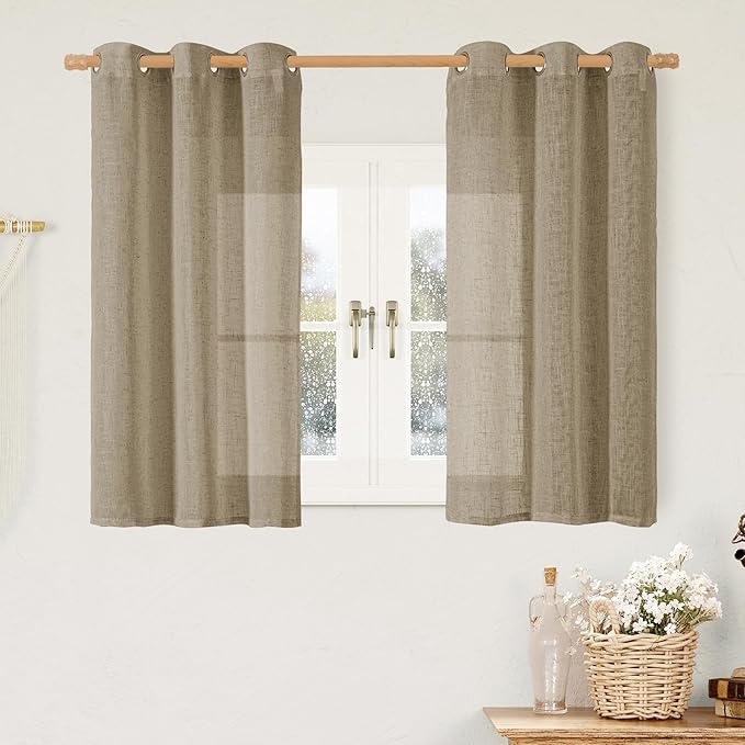 LAMIT Taupe Short Linen Curtains for Small Windows 40 Inch Length, Semi Sheer Light Filtering Panels Bronze Grommet Country Decor Drapes for Basement/Kitchen, 2 Panels, 34 x 40 Inch