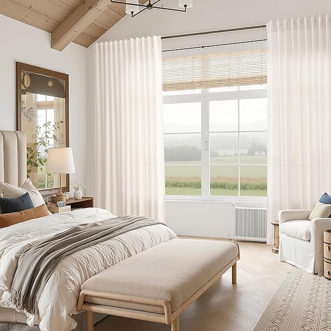 Ivory White Linen 112 Inch Curtains for Living Room Light Filtering Semi Sheer Curtain Back Tab Rustic Neutral Modern Farmhouse Decor Drapes Floor to Ceiling High Window for Bedroom 52x112, 2 Panels