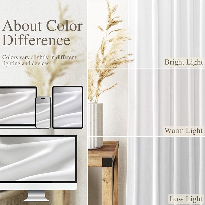 Nanspring White Linen Curtains for Living Room 114 Inches Long Extra Long Back Tab Curtains Farmhouse Light Filtering Semi Sheer Linen Drapes Ceiling to Floor for Large Window 2 Panels Set 52x114