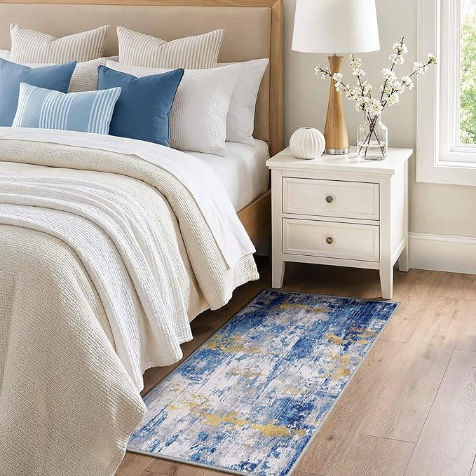 Washable Area Rugs 2'x4' Non-Slip Modern Abstract Soft for Living Room Entryway Bedroom Nursery, Print Pattern, Grey Blue Gold/Golden
