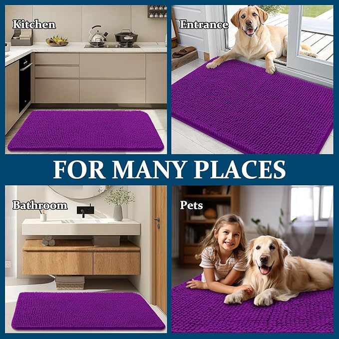 OLANLY Dog Door Mat for Muddy Paws 59x32, Absorbs Moisture and Dirt, Absorbent Non-Slip Washable Doormat, Quick Dry Chenille Mud Mat for Dogs, Entry Indoor Entryway Carpet for Inside Floor, Purple