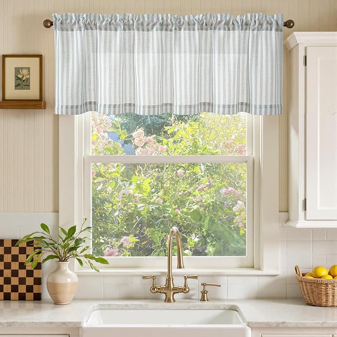 jinchan Linen Stripe Valance for Window 16 Inch Modern Rustic Farmhouse Valance for Kitchen Living Room Bathroom Window Treatment Light Filtering Rod Pocket 1 Panel Aqua Blue on Linen